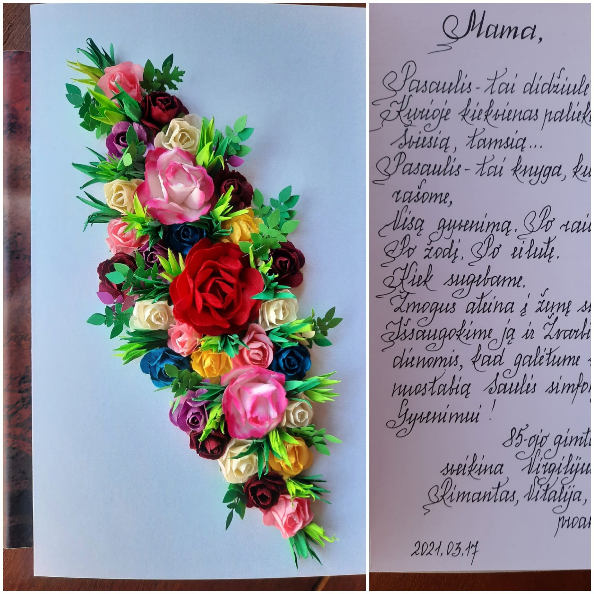 Vešli gėlių puokštė ant balto atviruko
